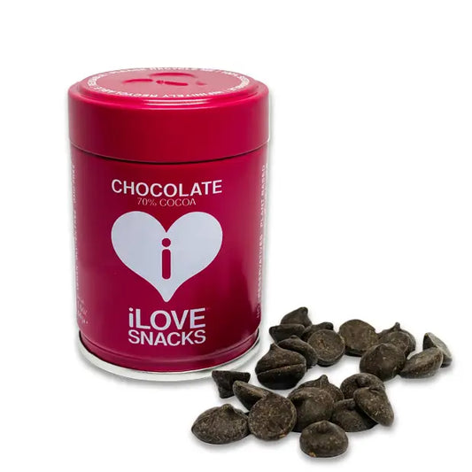 70% Cocoa Belgian Chocolate Tin with chocolate pieces beside it, sustainable and vegan-friendly.