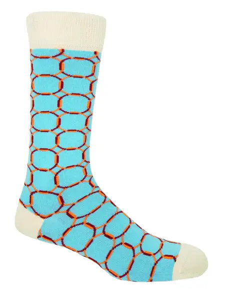 Men's luxury blue and white patterned socks with interlocking link design.