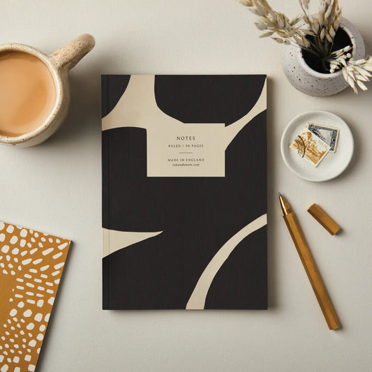 Stylish A5 notebook with abstract cover, fountain pen friendly, eco-made in England.
