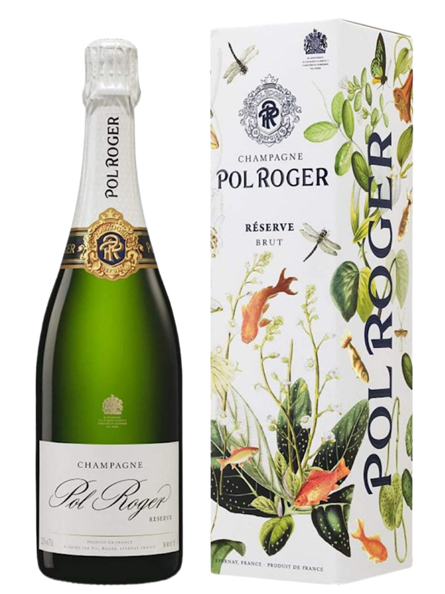 Pol Roger Brut Reserve Champagne bottle with decorative box, elegant sparkling wine.