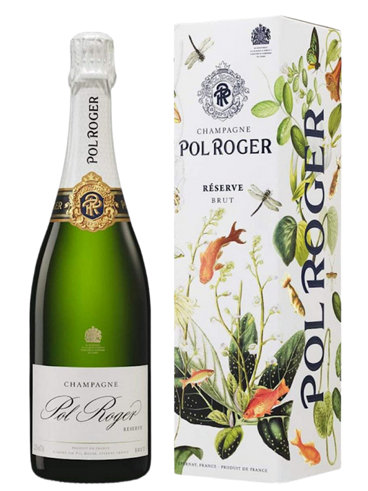 Pol Roger Brut Reserve Champagne bottle with decorative box, elegant sparkling wine.