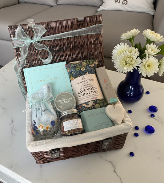 Luxury Mother’s Day gift hamper with calming self-care items and thoughtful treats, designed as a moment of relaxation for mum.