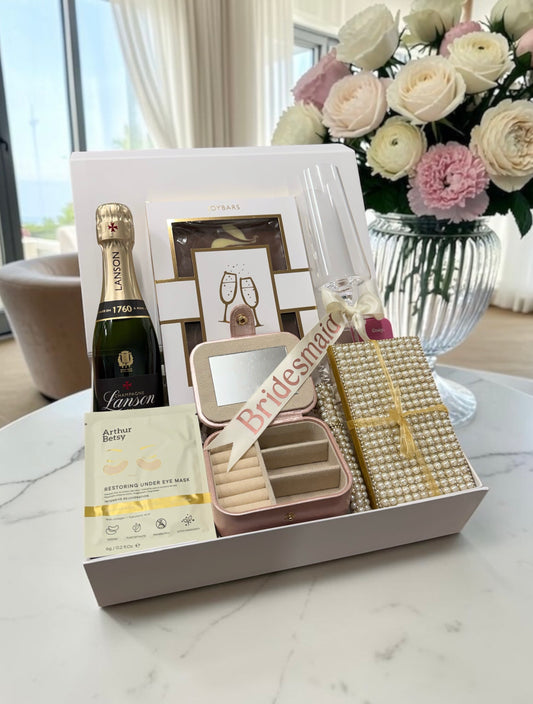 A Toast To My Bridesmaid gift with a champagne flute, jewellery box, chocolate and a choice of Posh Pop, Champagne Lanson or Freixenet Rosé.