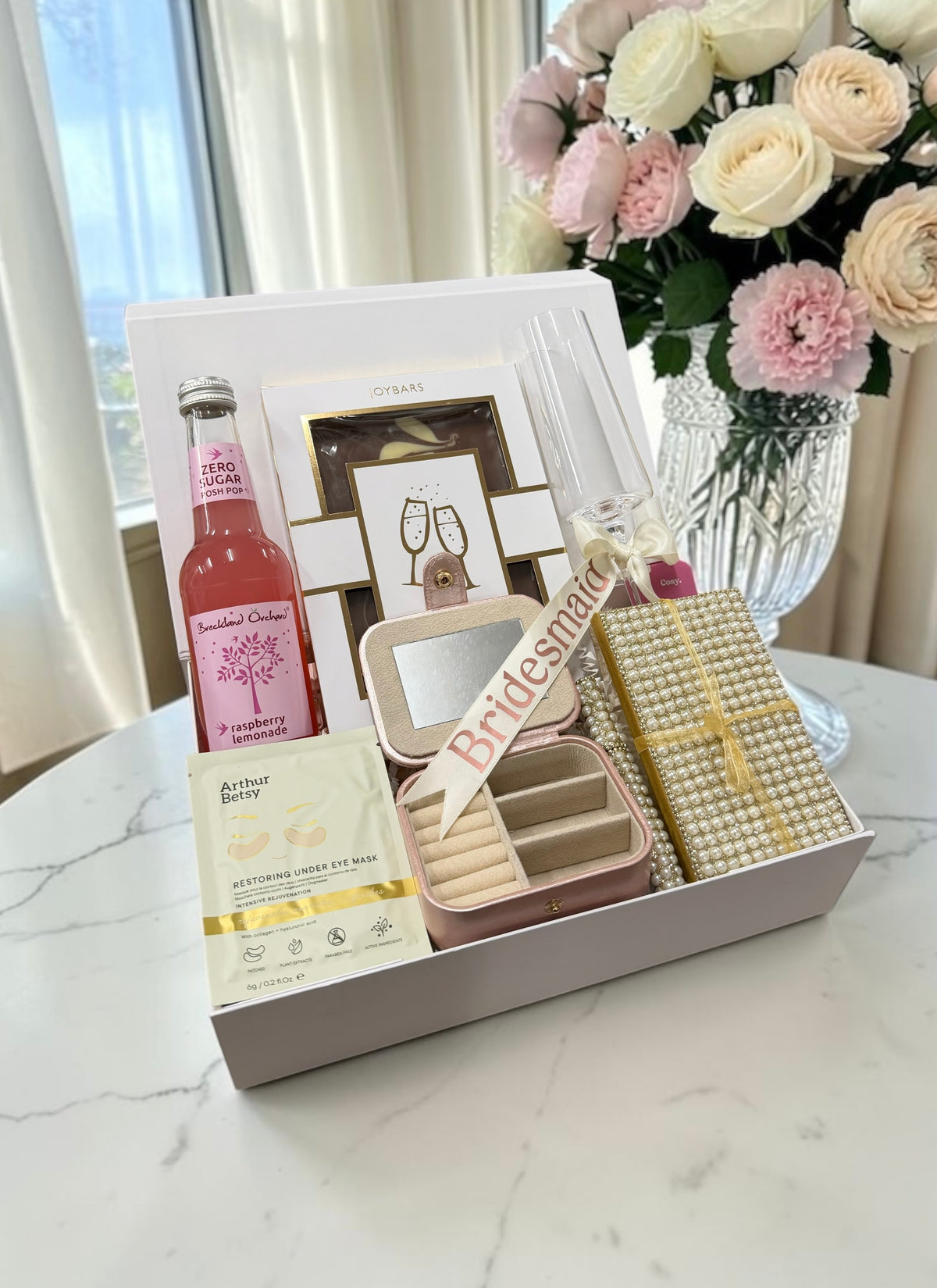 A Toast To My Bridesmaid gift with a champagne flute, jewellery box, chocolate and a choice of Posh Pop, Champagne Lanson or Freixenet Rosé.