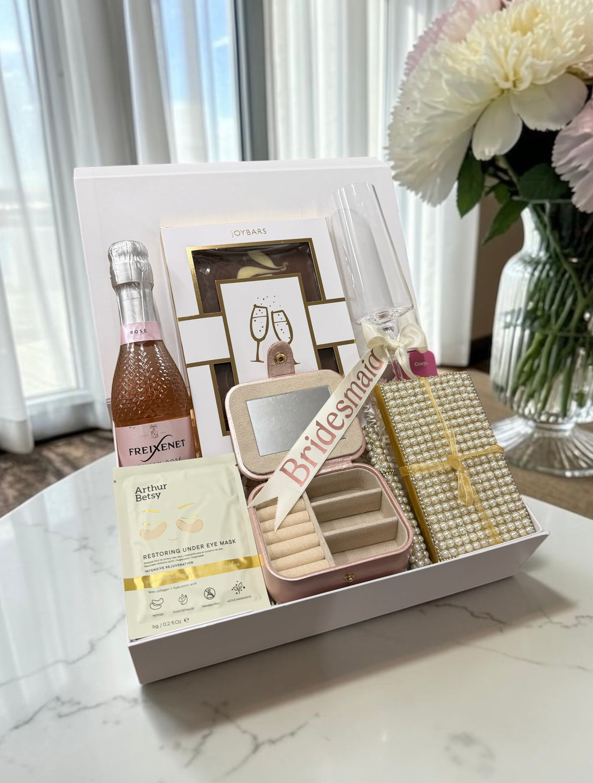 A Toast To My Bridesmaid gift with a champagne flute, jewellery box, chocolate and a choice of Posh Pop, Champagne Lanson or Freixenet Rosé.