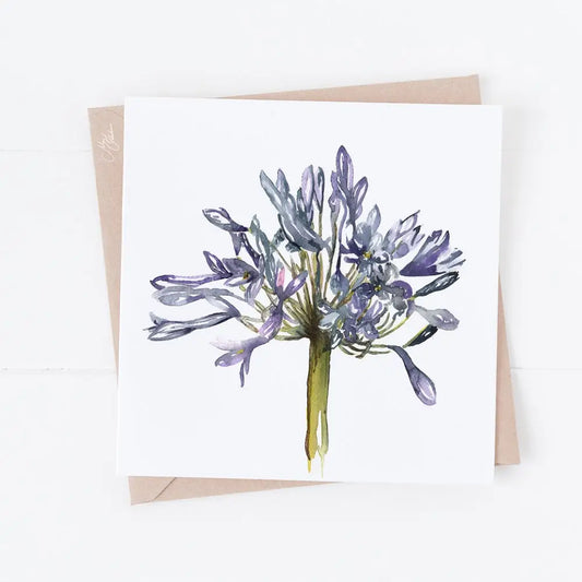Agapanthus floral watercolour greeting card with purple flower design.