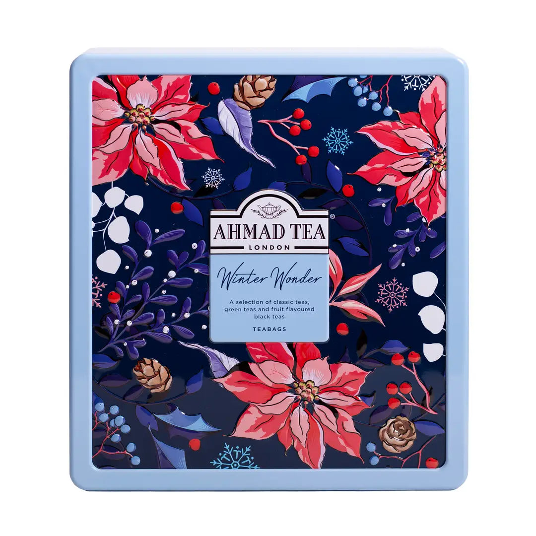 Winter Wonder Christmas Tea Gift Caddy in a festive reusable tin with 72 assorted tea bags including English Breakfast, Earl Grey and fruit teas.
