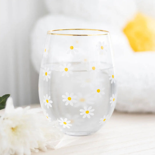 Stemless wine glass with a daisy print—cute, durable, and perfect for casual or cozy pours.
