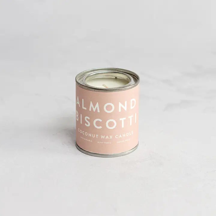 Almond Biscotti coconut wax candle in a pink tin.