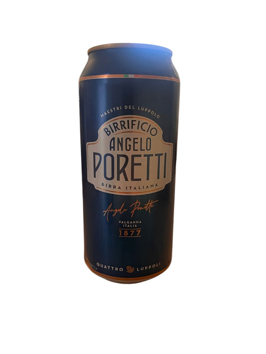 Angelo Poretti Premium Lager can with blue label and logo.