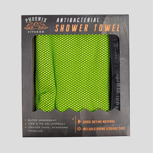 Lightweight large antibacterial microfiber gym towel in packaging.