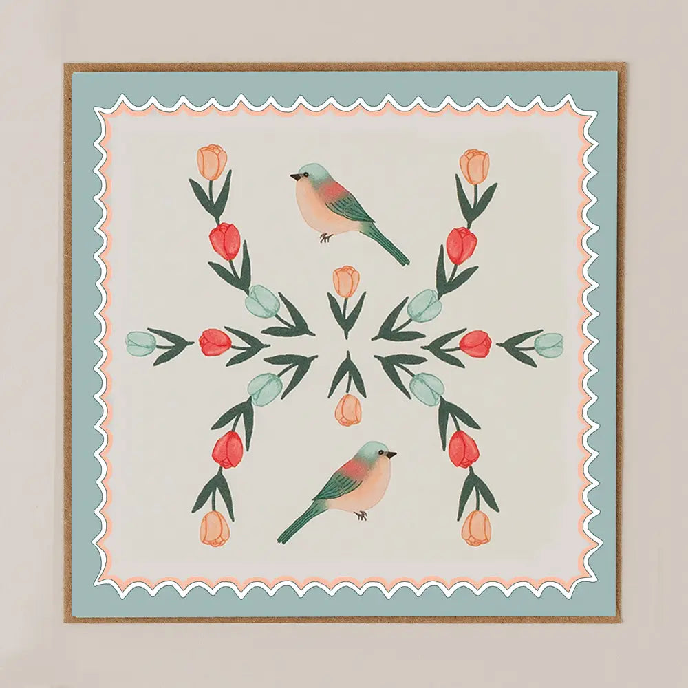 Apple & Clover square blank greetings card featuring a pretty bird illustration with an elegant scalloped border and coordinating envelope.