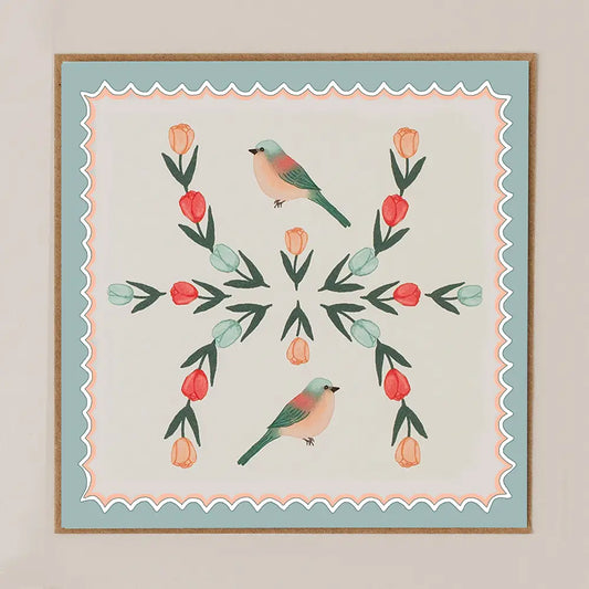 Apple & Clover square blank greetings card featuring a pretty bird illustration with an elegant scalloped border and coordinating envelope.
