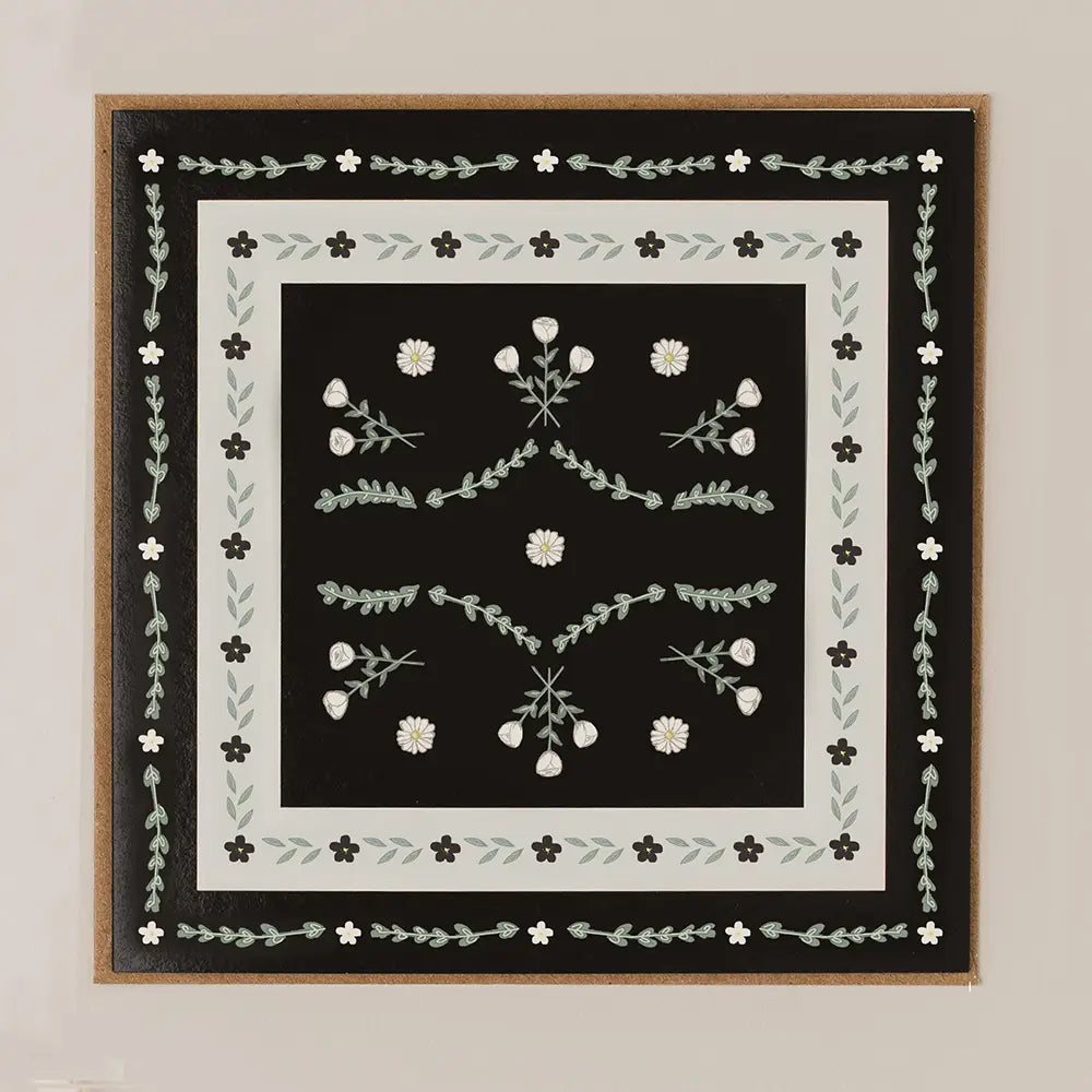 Apple & Clover square blank greeting card featuring an elegant black floral border with coordinating envelope.