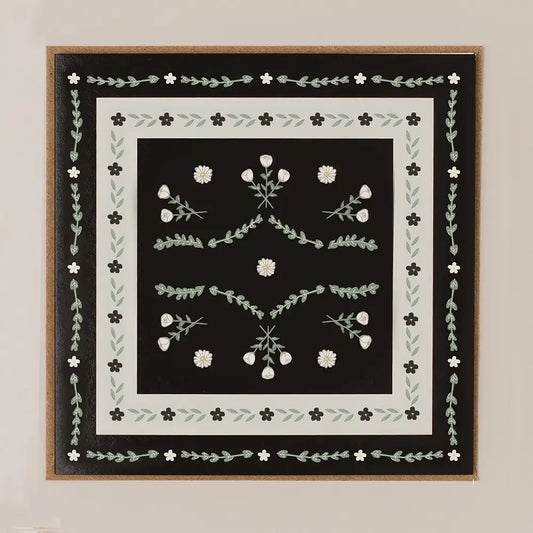 Apple & Clover square blank greeting card featuring an elegant black floral border with coordinating envelope.