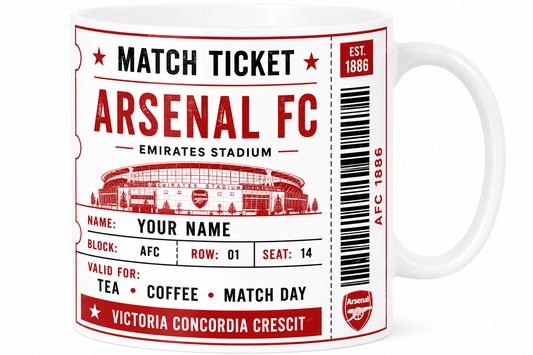 Mug designed like an Arsenal FC match ticket with stadium illustration and branding.