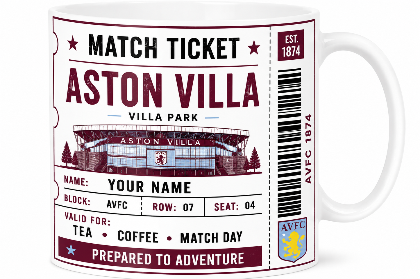 Mug with Aston Villa match ticket design on a white background