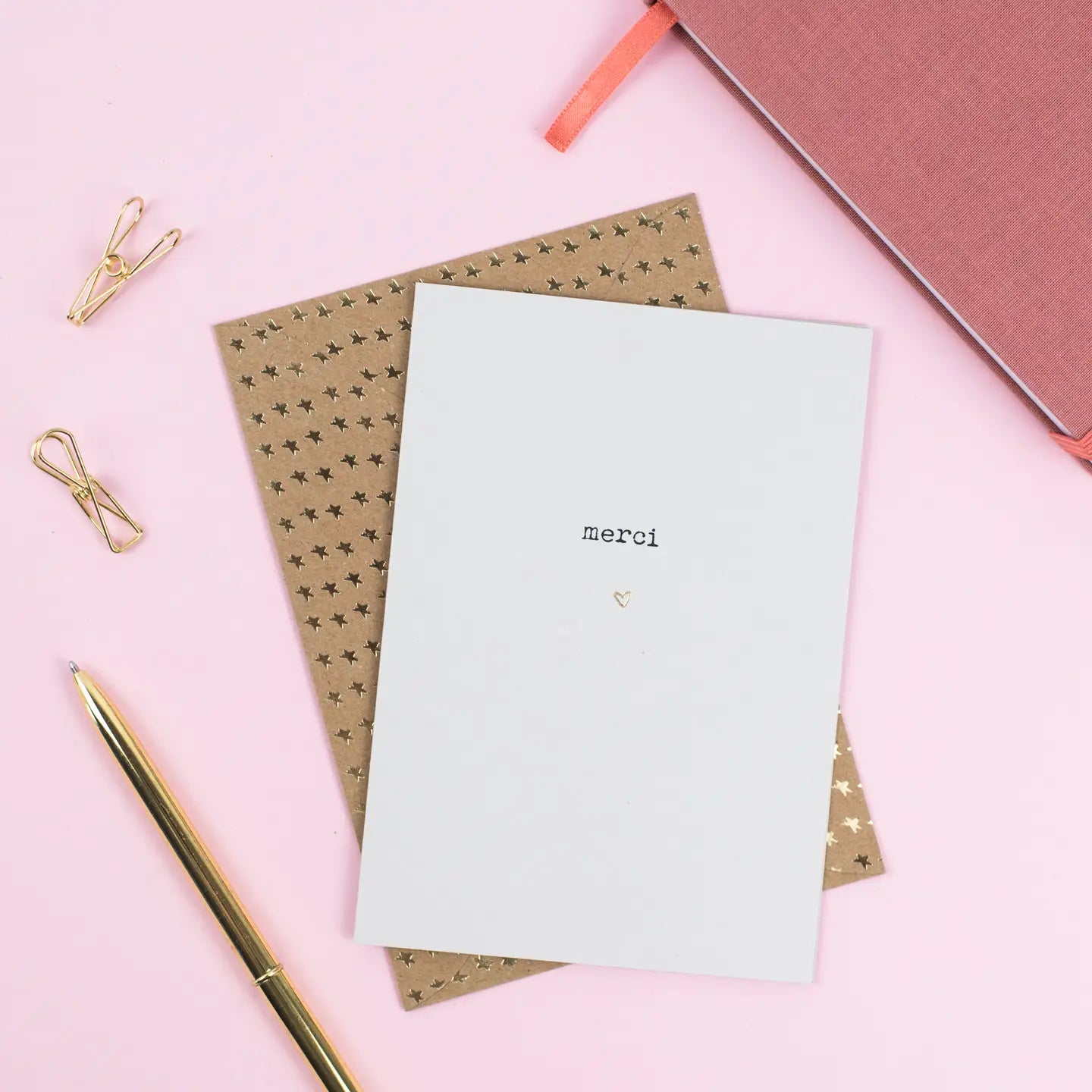 Merci thank you card with gold foiling, made from FSC-approved paper.
