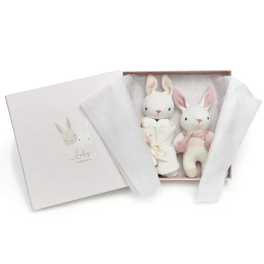 Bunny themed rattle and comforter gift set in cream-colored box for newborns.