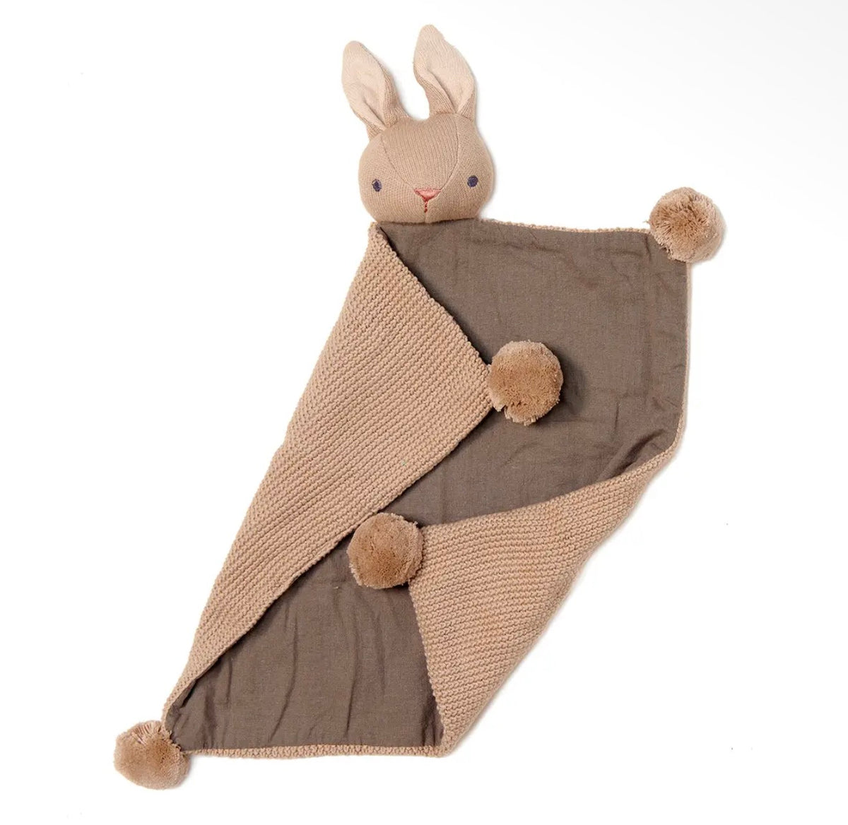 Baby Bunny Comforter in Taupe, knitted in organic cotton with soft pom poms. A sweet gift for new babies, baby showers and christenings.