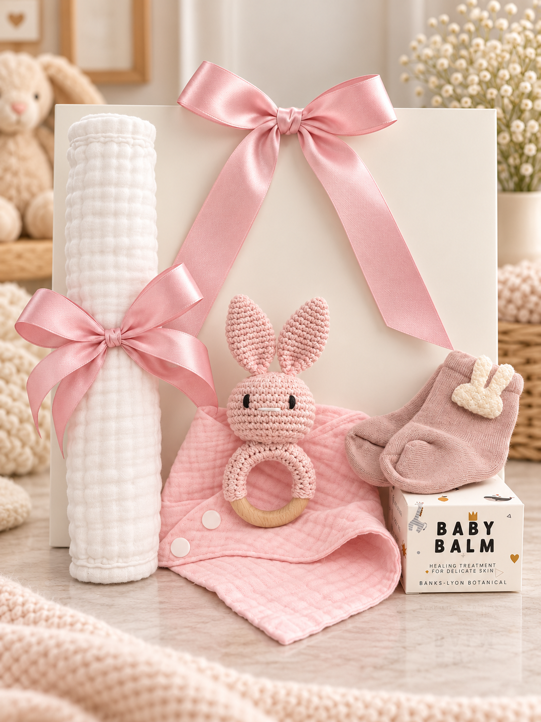 The Baby Girl Gift Bag Set brings a muslin, bib, crochet bunny ring, bunny socks and soothing baby balm for a new arrival.