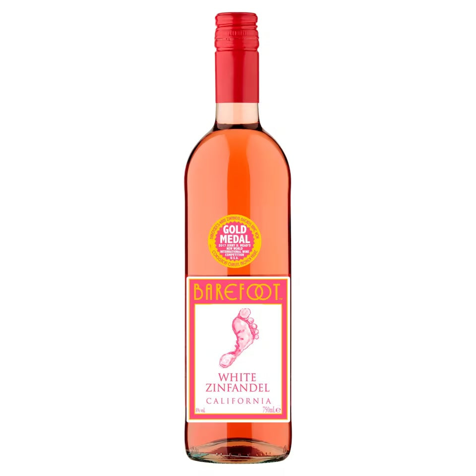 Barefoot White Zinfandel 75cl bottle with gold medal award, featuring pineapple and strawberry flavors.