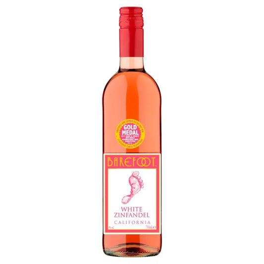 Barefoot White Zinfandel 75cl bottle with gold medal award, featuring pineapple and strawberry flavors.