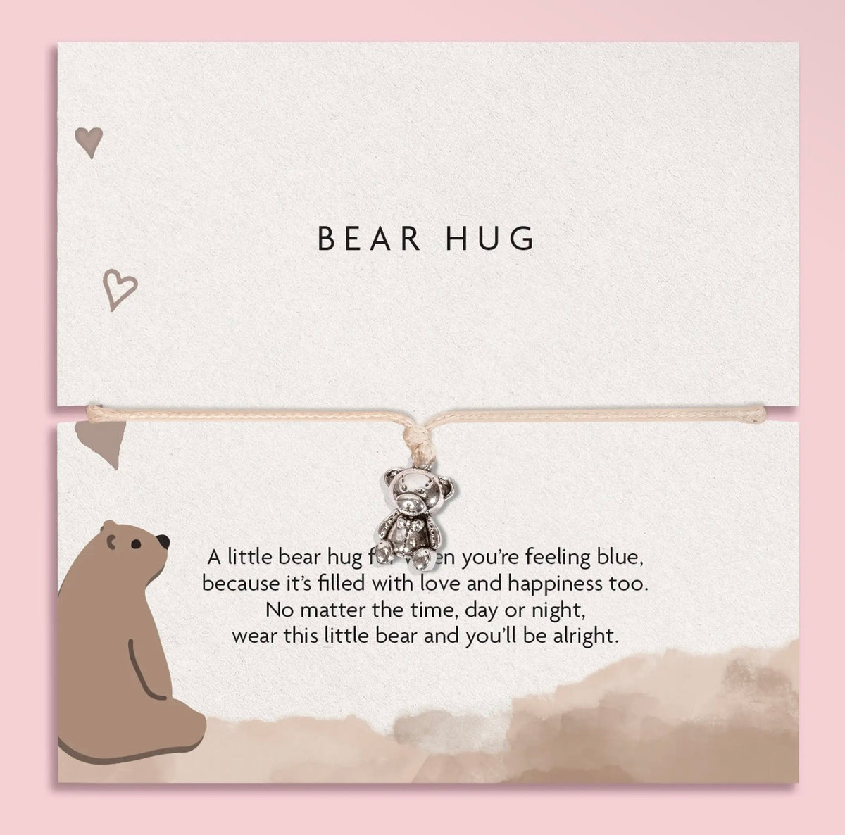 Bear Hug Charm Bracelet with a teddy bear charm on a sweet poem card. A comforting gift for friends feeling blue, get well wishes and thinking of you.