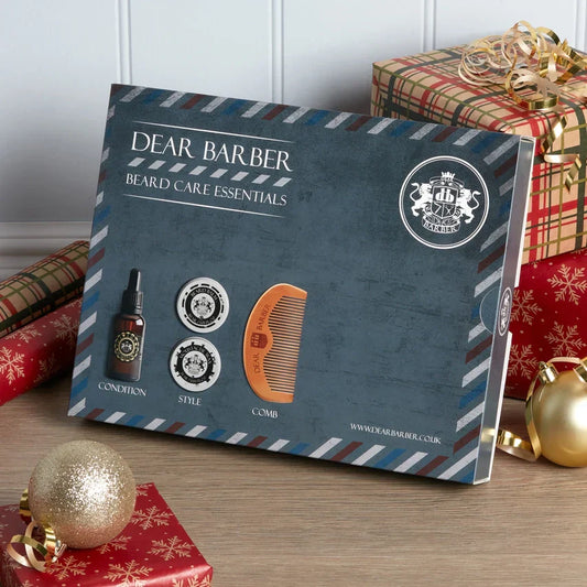 Beard Care Essentials Gift Set with Oil, Balm, Wax, and Comb in festive packaging.