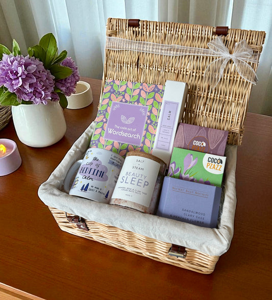Bedtime Calming Gift with bath salts, mug, wordsearch, chocolate, candle, and room mist – perfect for relaxation and self-care.