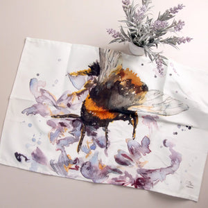 Bee On Heather Watercolour Botanical Design Cotton Teatowel