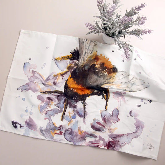 Bee on Heather watercolour design cotton tea towel featuring botanical art.