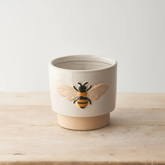 Bee Stoneware Planter with glazed bee design, 12cm.