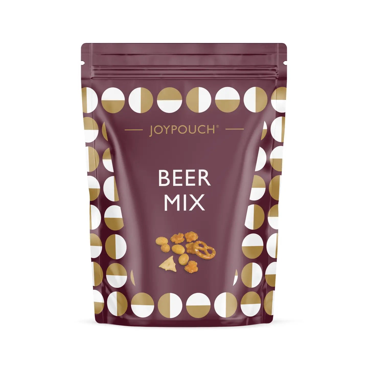 Beer Mix snack blend with coated peanuts, crispy rice snacks, crunchy corn bites, and salty pretzels, perfect for beer pairing or casual snacking.