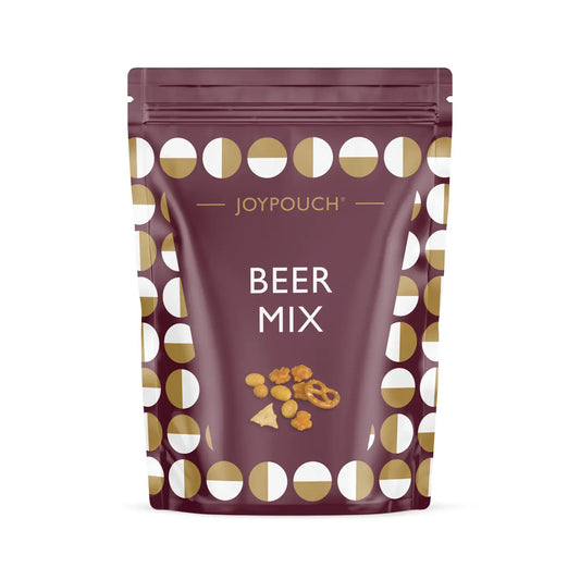 Beer Mix snack blend with coated peanuts, crispy rice snacks, crunchy corn bites, and salty pretzels, perfect for beer pairing or casual snacking.