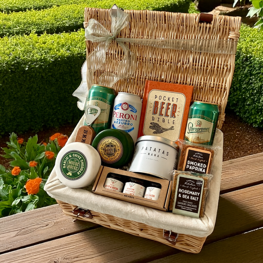 Beer Lover’s Gift Hamper with beers, cheese, chutneys, crisps, crackers, and a beer guide – perfect gift for beer fans.