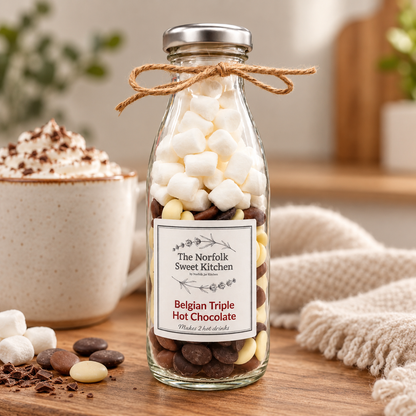 Belgian milk, dark and white chocolate with mini marshmallows, making two hot chocolates. A cosy gift for stocking fillers, couples and nights in.
