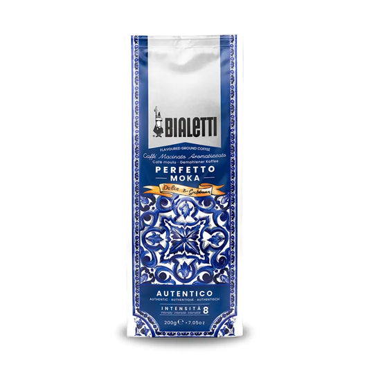 Arabica-Robusta blend with fruit and caramel notes—Perfetto Moka Autentico, intensity 8.