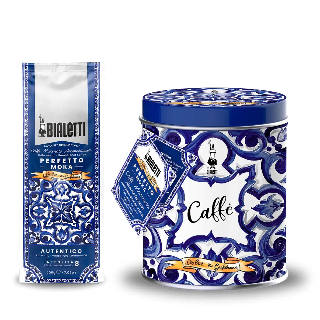 Bialetti x Dolce & Gabbana Perfetto Moka Autentico ground coffee tin with decorative design