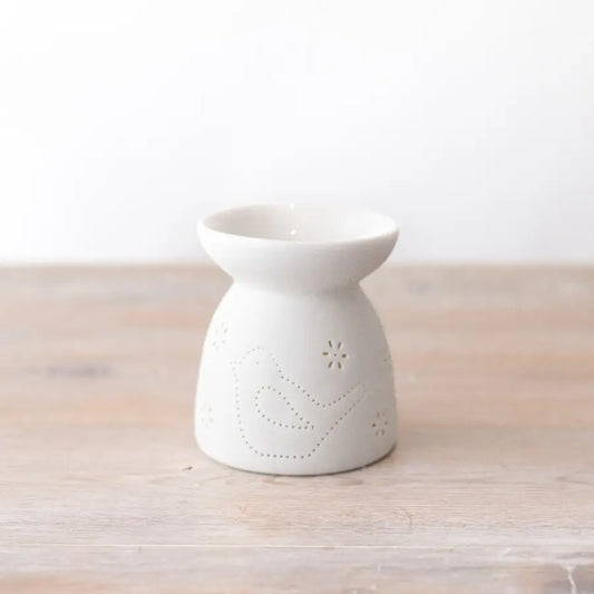 Bird Cut Out Oil Burner, porcelain design, 9cm, white color.