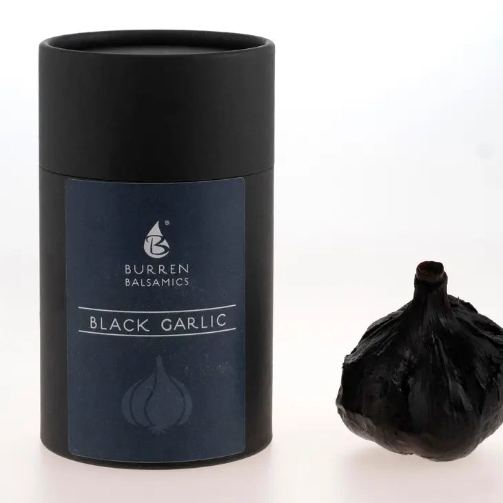 Stylishly packaged soft black garlic with a rich, savory flavor.