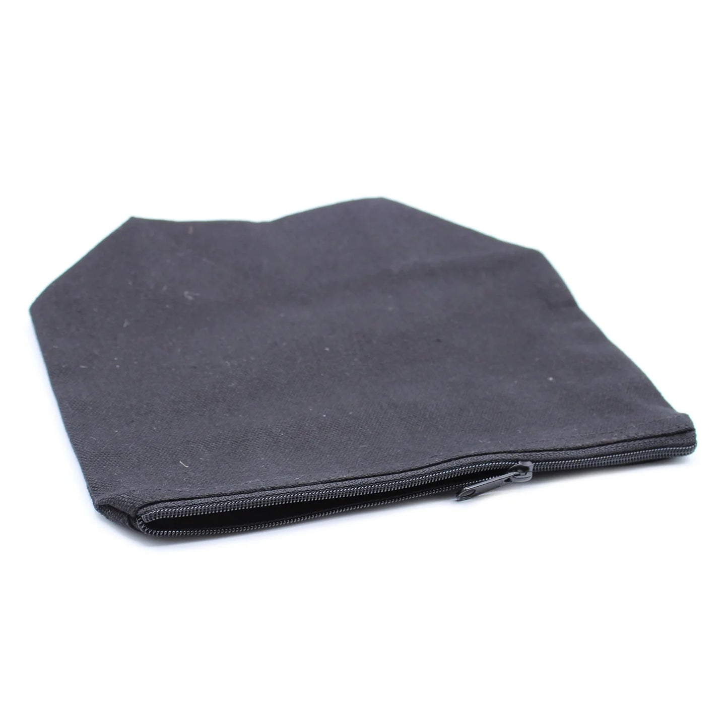 Black cotton toiletry bag with spacious interior and zip closure.