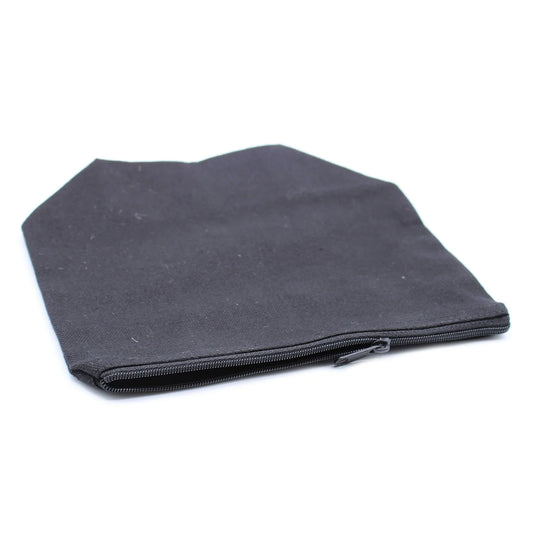 Black cotton toiletry bag with spacious interior and zip closure.