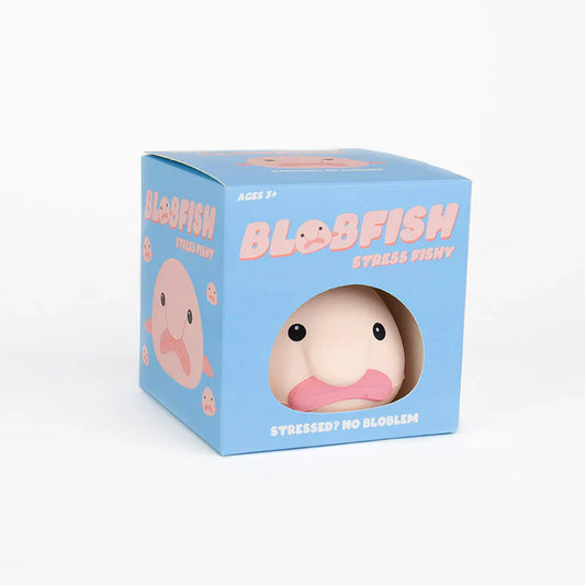 Blobfish Stress Ball in blue packaging.