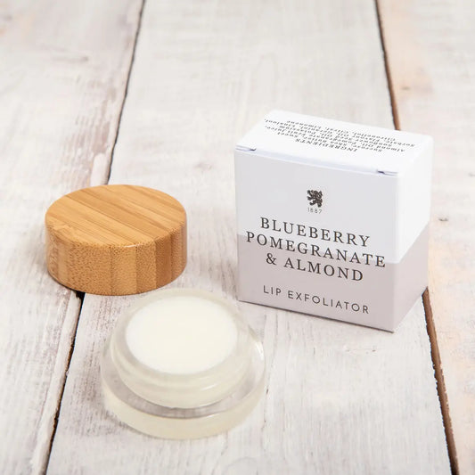 Blueberry, Pomegranate and Almond lip exfoliator with sugar crystals and almond oil.