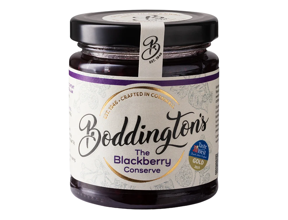 Jar of handmade blackberry conserve from Cornwall, rich in colour and filled with whole blackberries.