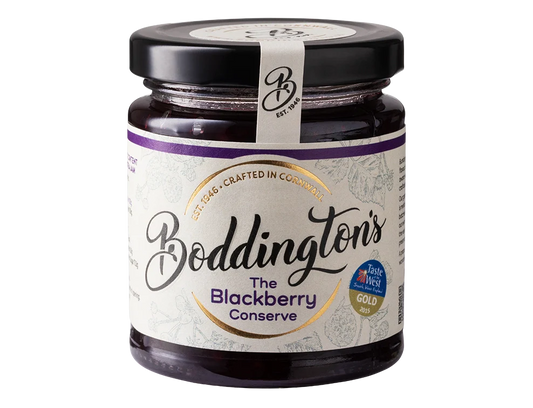 Jar of handmade blackberry conserve from Cornwall, rich in colour and filled with whole blackberries.
