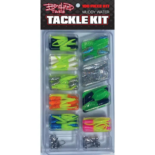 100-piece Fishing Lovers Tackle Kit for Muddy Water, featuring Stump Bugs, Brush Gliders, and jig heads in assorted colors.