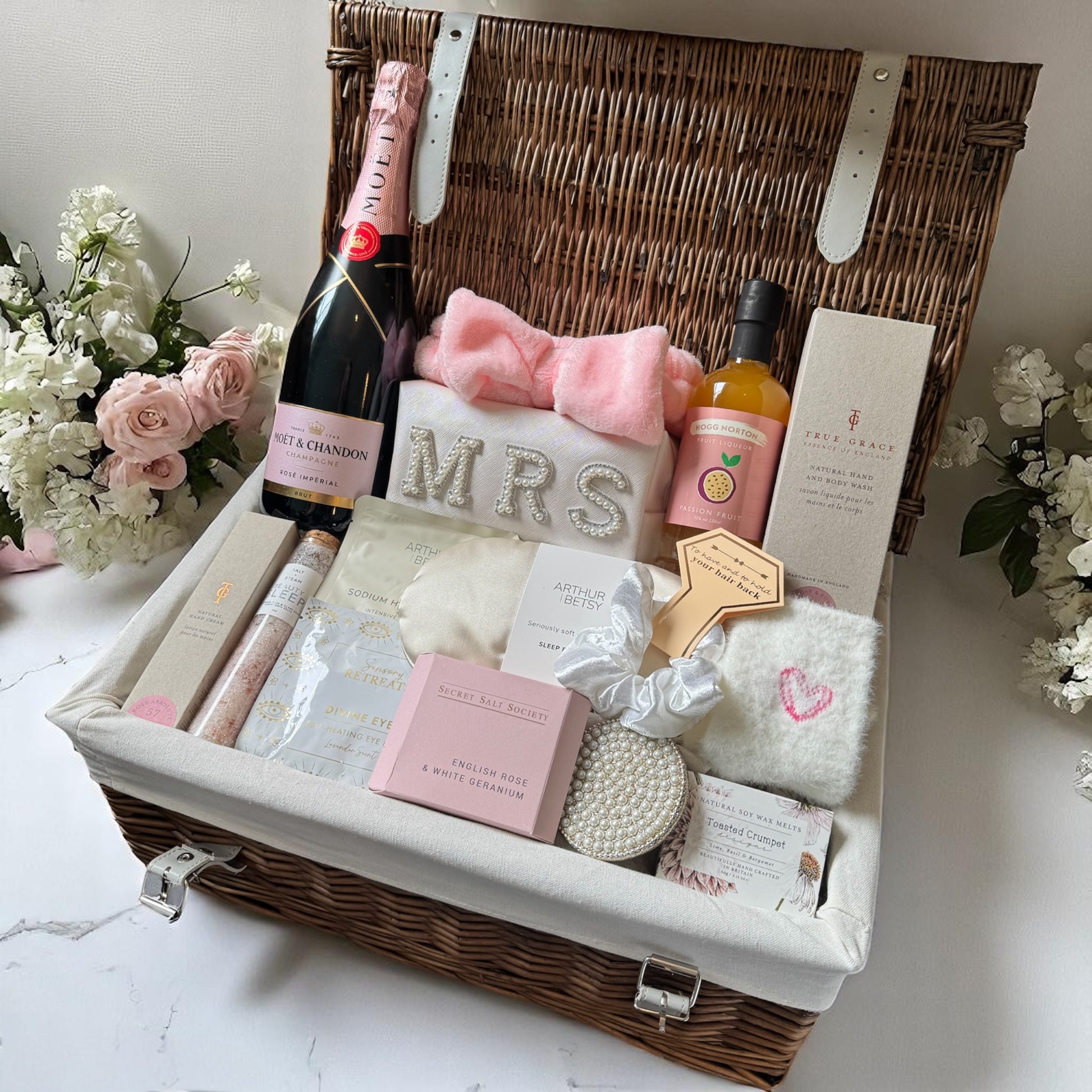 Bridal bliss: rose skincare, satin touches, cosy socks & pink Moët for the ultimate pamper moment.