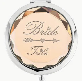 Champagne Bride Tribe compact mirror with gold design for bridesmaids.